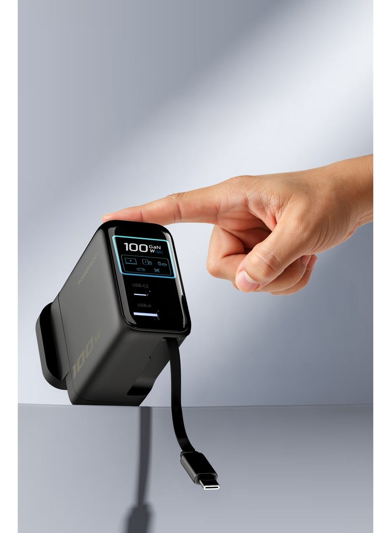 Powerology 100W Adapter with Retractable Type-C Cable, Multi-Device Charging, AI GaN Technology, TFT Display, Ultra-Fast Charging, Built-In Safeguards, USB-C & USB-A Ports - Black - Image 5